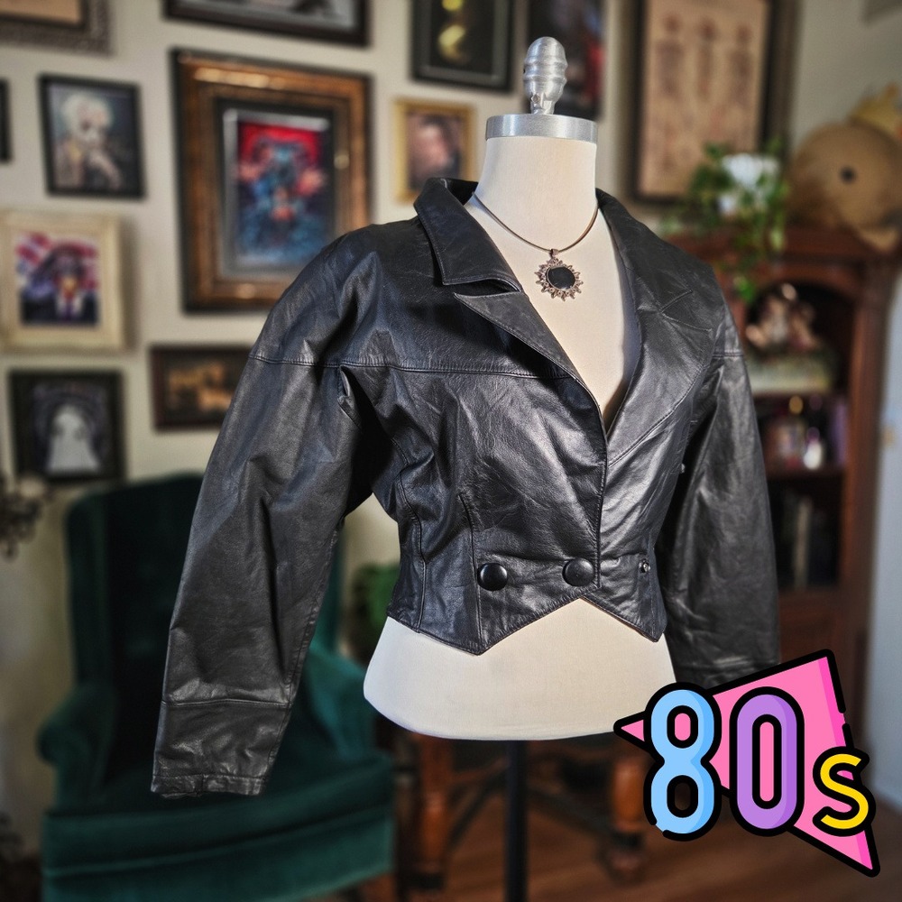 California‎ Laura Leather Jacket Vintage 80s Black Cropped Batwing Moto Womens M